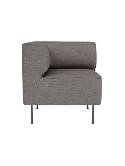 Front view of the Eave Dining Sofa Corner module upholstered in Audo Bouclé 16, a grey fabric, with slender metal legs.