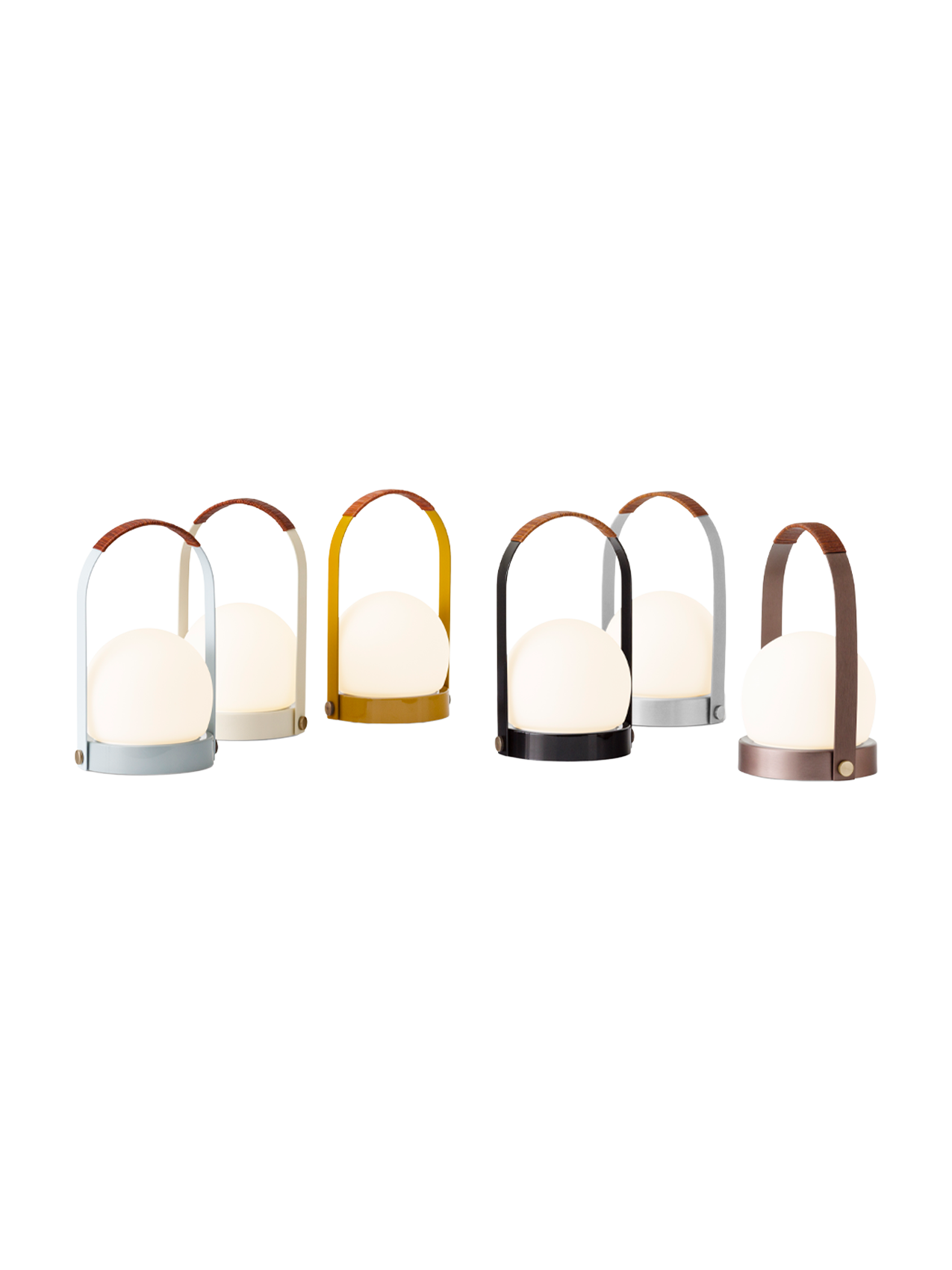 Six Carrie Portable Lamps with glowing opal glass shades and leather-wrapped handles in various metal and matte finishes.