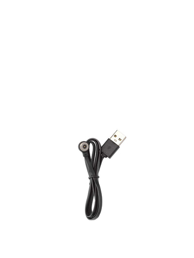 Close-up of a black USB charging cable with a round, magnetic connector at one end, coiled and shown on a white background