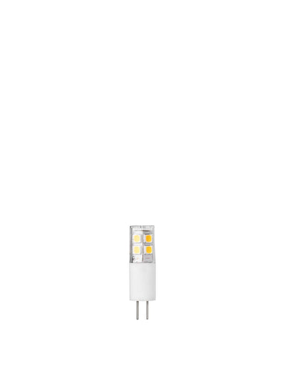 A close-up of the G4 Bulb 1,5W, Portable, Dimmable, showing its white base, two-pin connector, and clear top with LED chips.