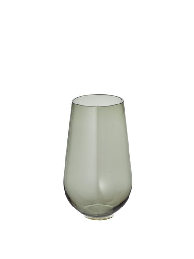 A stemless, teardrop-shaped drinking glass made of smoky grey-green translucent glass, shot against a white background.