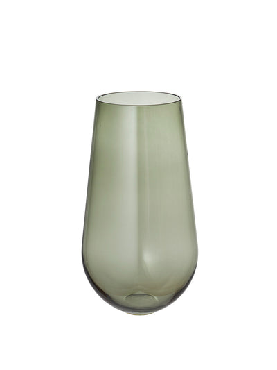 A tall, olive green glass vase with a rounded base that tapers towards the rim, pictured against a plain white background.