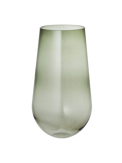 A minimalist, teardrop-shaped glass vase in a translucent smoky green, photographed against a white background.
