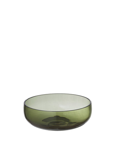 A low, wide, rounded glass bowl in a translucent olive green colour, photographed straight-on against a white background.