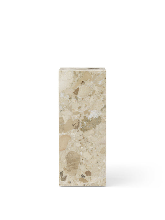 Front view of the Plinth Pedestal in Kunis Breccia. Richly patterned marble with beige, cream, and brown tones.