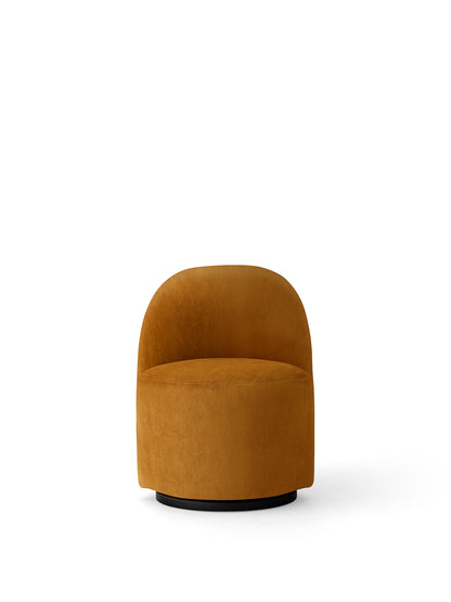 Front view of the Tearoom Club Chair, Swivel w/ Return, upholstered in a mustard-yellow fabric with a black swivel base.