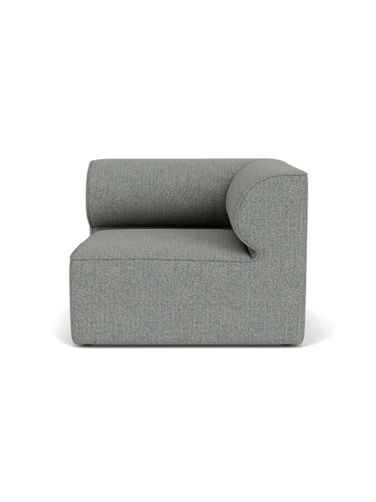 Front view of the Eave Modular Sofa, 96, Corner Right module, upholstered in a textured grey-blue Safire 012 fabric.