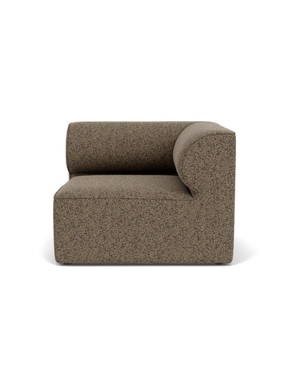 Front view of the Eave Modular Sofa, 96, Right Corner piece upholstered in a textured brown Safire 001 fabric.
