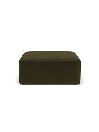 The Eave Modular Sofa, 96, Pouf, a square ottoman in dark olive green fabric, seen from the front against a white background.